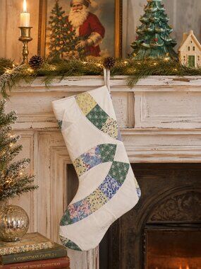Hand Made Upcycled Vintage Wedding Ring Quilt & Denim Christmas Stocking 17.75"